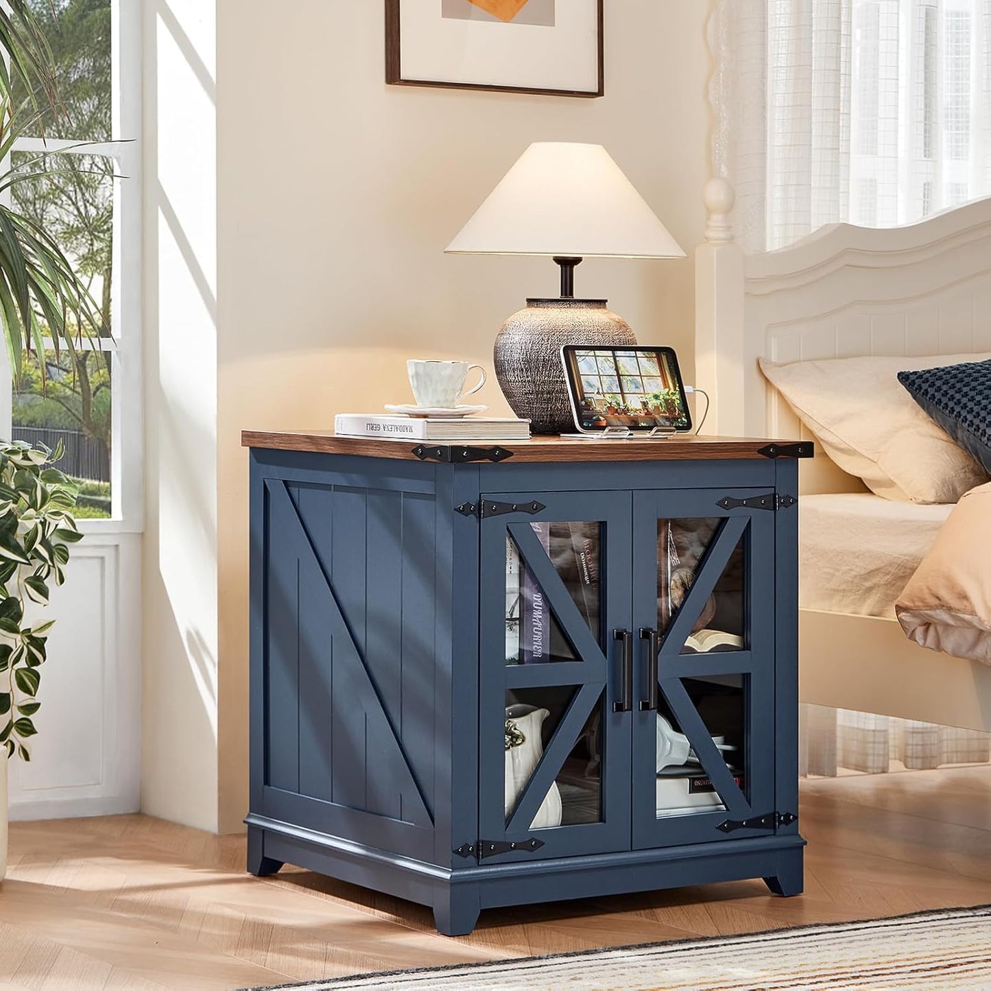 Royal Marwar Solid Mango Wood Side Table | Bedside Table with 2 Glass Door Storage Cabinet | Black Finish