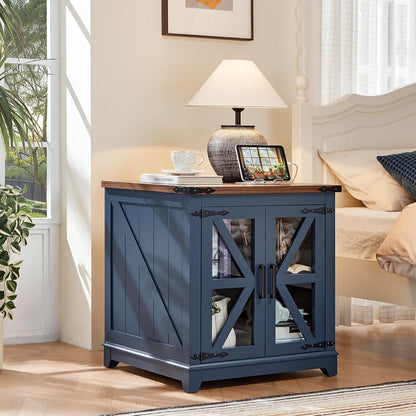 Royal Marwar Solid Mango Wood Side Table | Bedside Table with 2 Glass Door Storage Cabinet | Black Finish