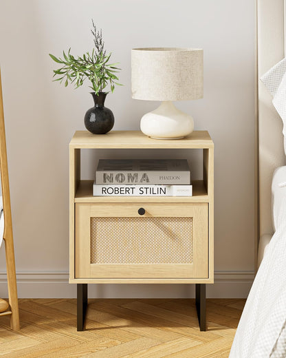Royal Marwar Solid Mango Wood Bedside Table with Rattan Drawer & Open Shelf | Natural Finish | Modern Nightstand