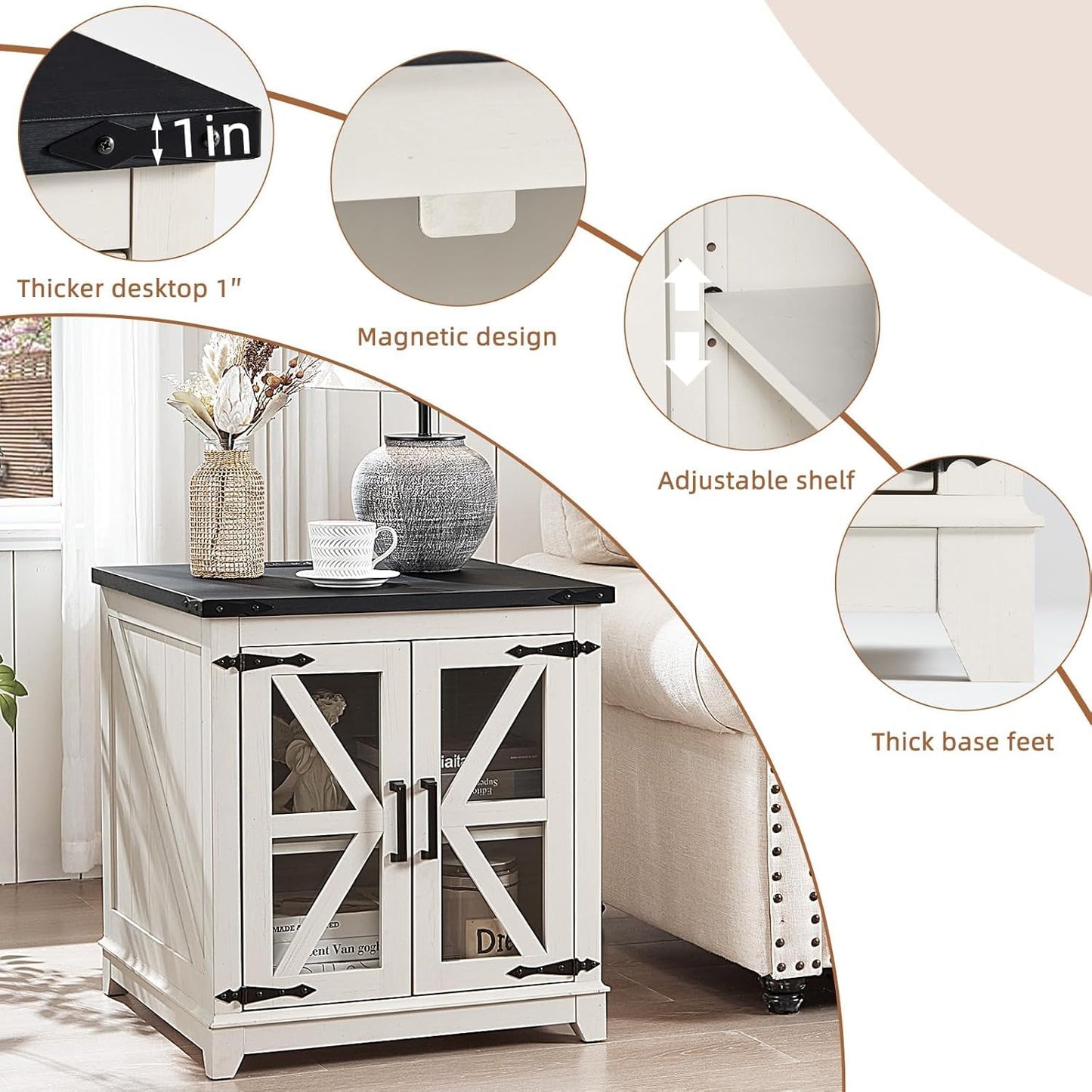 Royal Marwar Solid Mango Wood Side Table | Bedside Table with 2 Glass Door Storage Cabinet | Black Finish