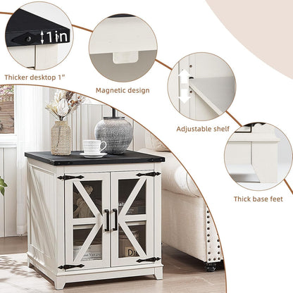 Royal Marwar Solid Mango Wood Side Table | Bedside Table with 2 Glass Door Storage Cabinet | Black Finish