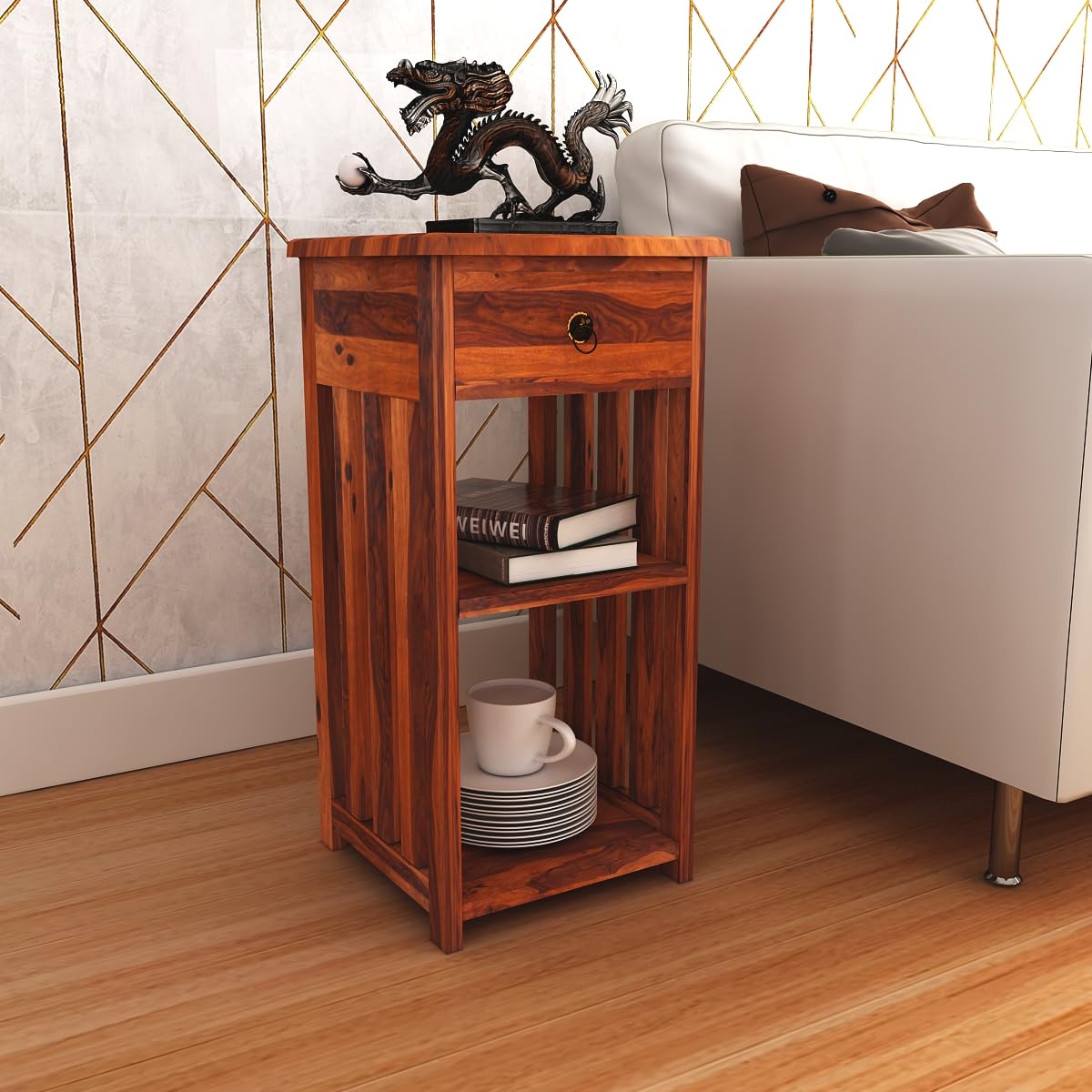 Royal Marwar Solid Sheesham Wood Side Table with Drawer & Open Shelf | End Table | Honey Finish & Walnut Finish