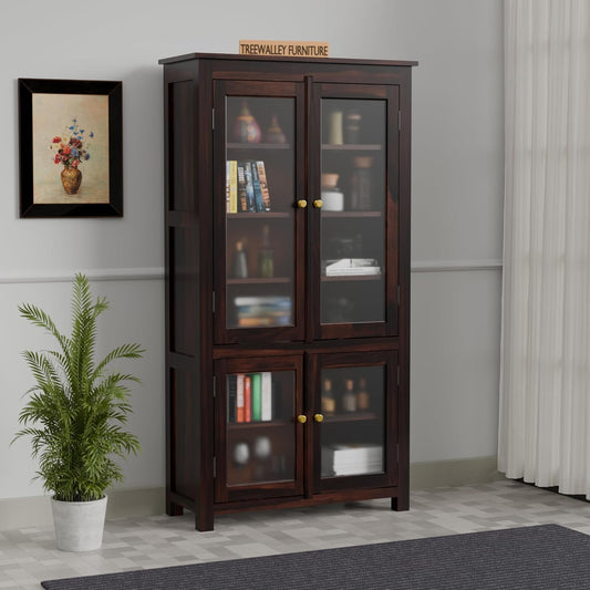 Solid Sheesham Wood Kitchen Cabinet with Glass Doors & Drawer