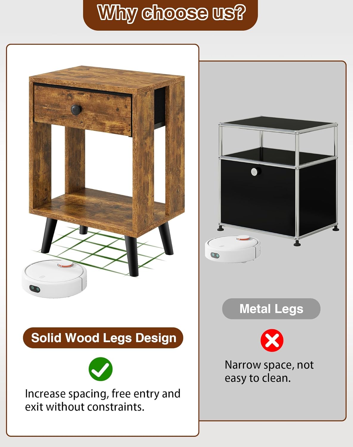 Royal Marwar Solid Mango Wood Bedside Table with Drawer & Open Shelf | Rustic Walnut Finish | Modern Nightstand