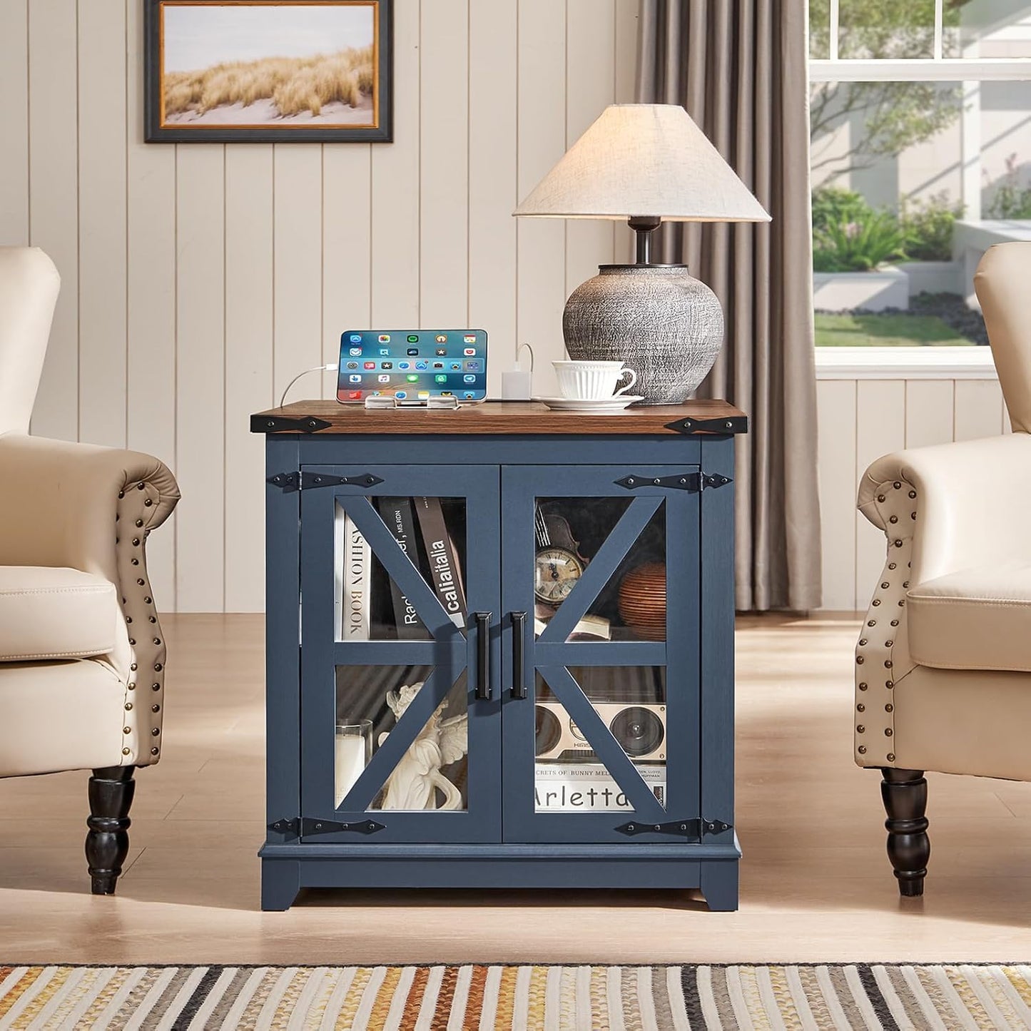 Royal Marwar Solid Mango Wood Side Table | Bedside Table with 2 Glass Door Storage Cabinet | Black Finish