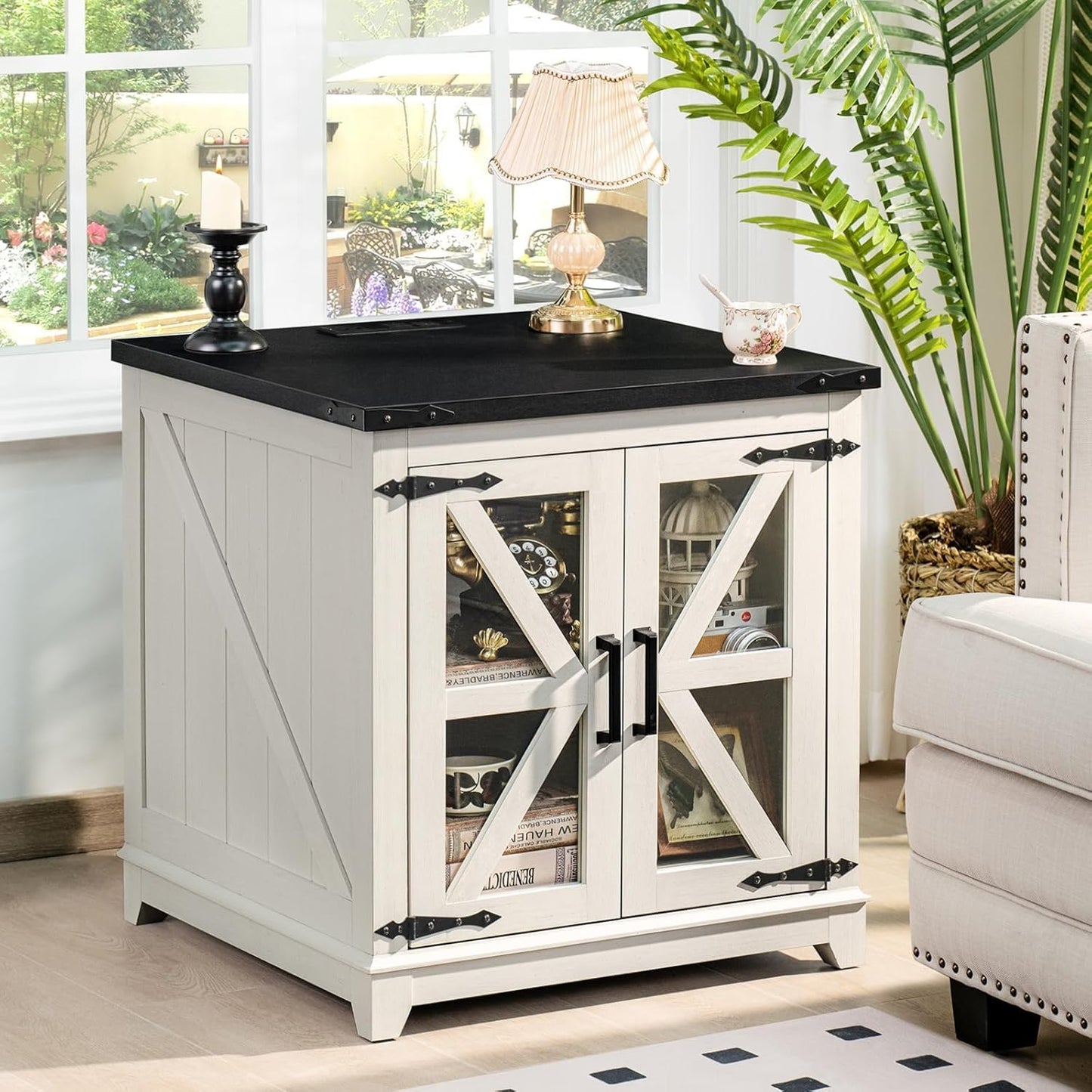 Royal Marwar Solid Mango Wood Side Table | Bedside Table with 2 Glass Door Storage Cabinet | Black Finish