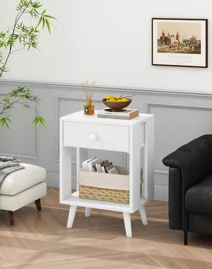 Royal Marwar Solid Mango Wood Bedside Table with Drawer & Open Shelf | White Finish | Modern Wooden Nightstand