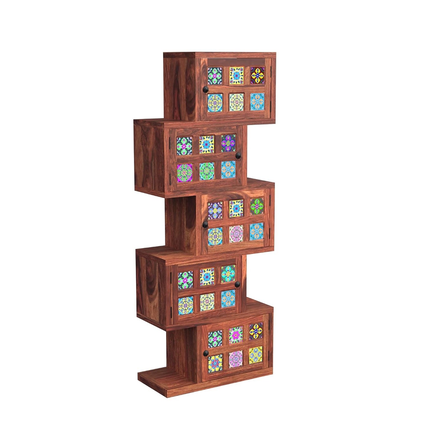 Royal Marwar Solid Sheesham Wood Bookcase | 5 Door Wooden Display Cabinet | Handcrafted Multicolor Tile Storage Shelf | Honey Finish