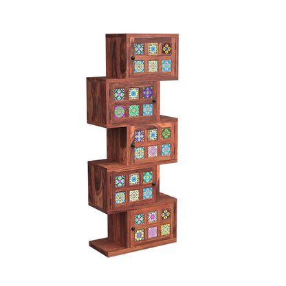 Royal Marwar Solid Sheesham Wood Bookcase | 5 Door Wooden Display Cabinet | Handcrafted Multicolor Tile Storage Shelf | Honey Finish