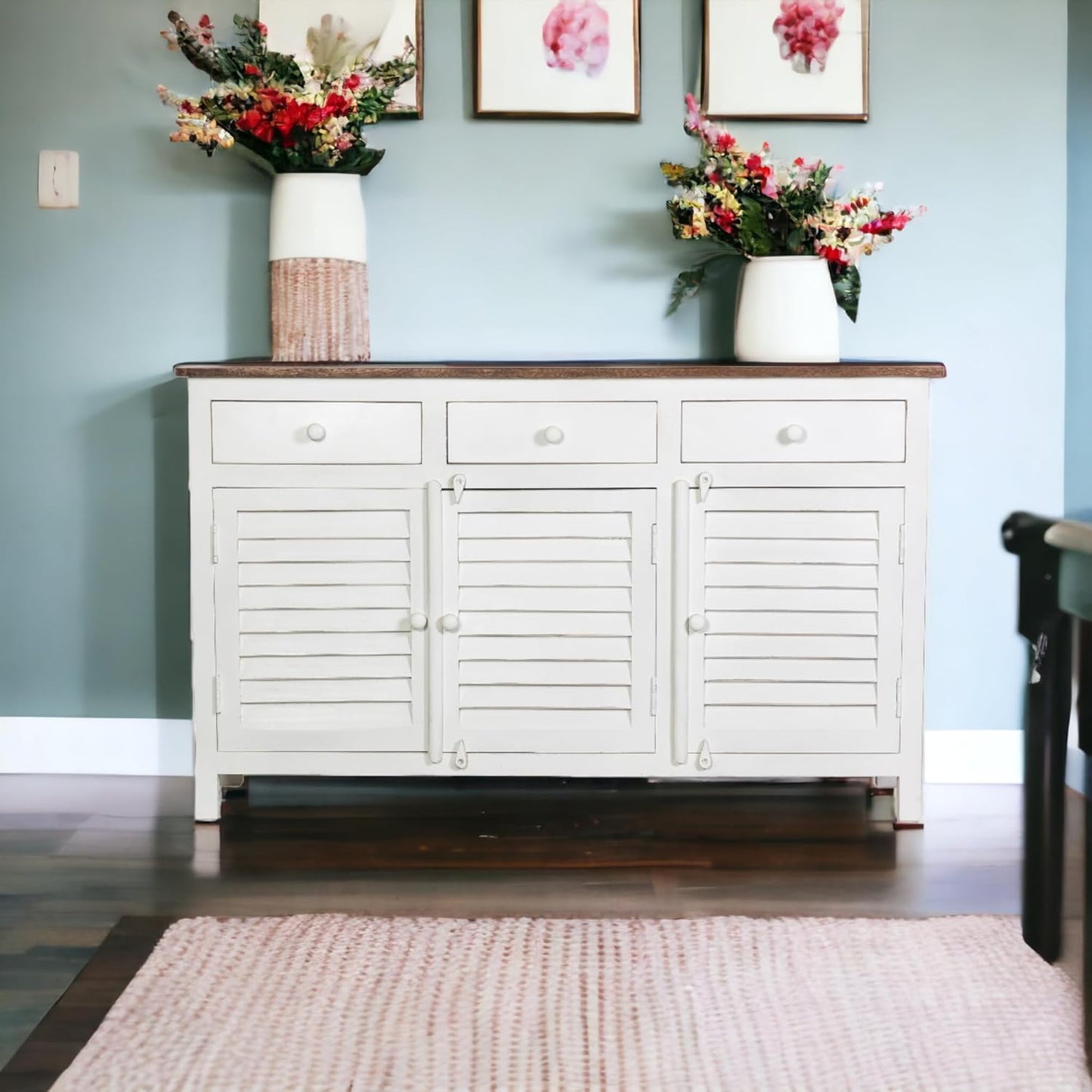 Royal Marwar Solid Mango Wood Sideboard Cabinet with 3 Drawers & 3 Shutter Doors | White & Green Finish | Farmhouse Storage Cabinet