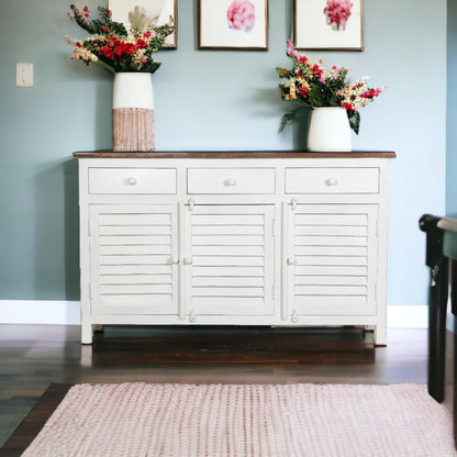 Royal Marwar Solid Mango Wood Sideboard Cabinet with 3 Drawers & 3 Shutter Doors | White & Green Finish | Farmhouse Storage Cabinet