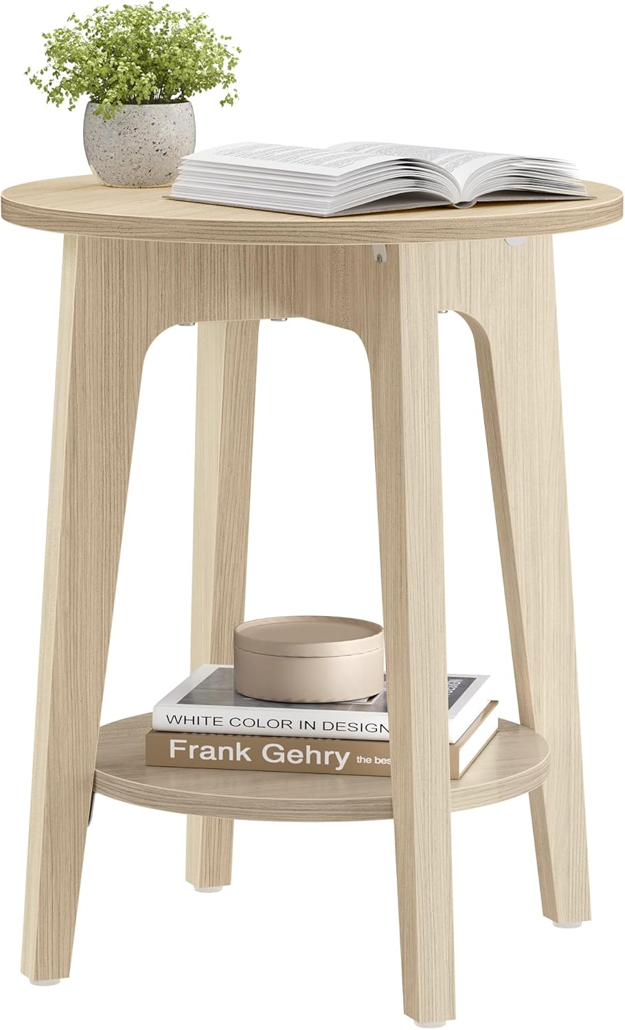 Royal Marwar Solid Mango Wood Round Side Table | Modern End Table with Storage Shelf | Honey Finish | Bedside Table