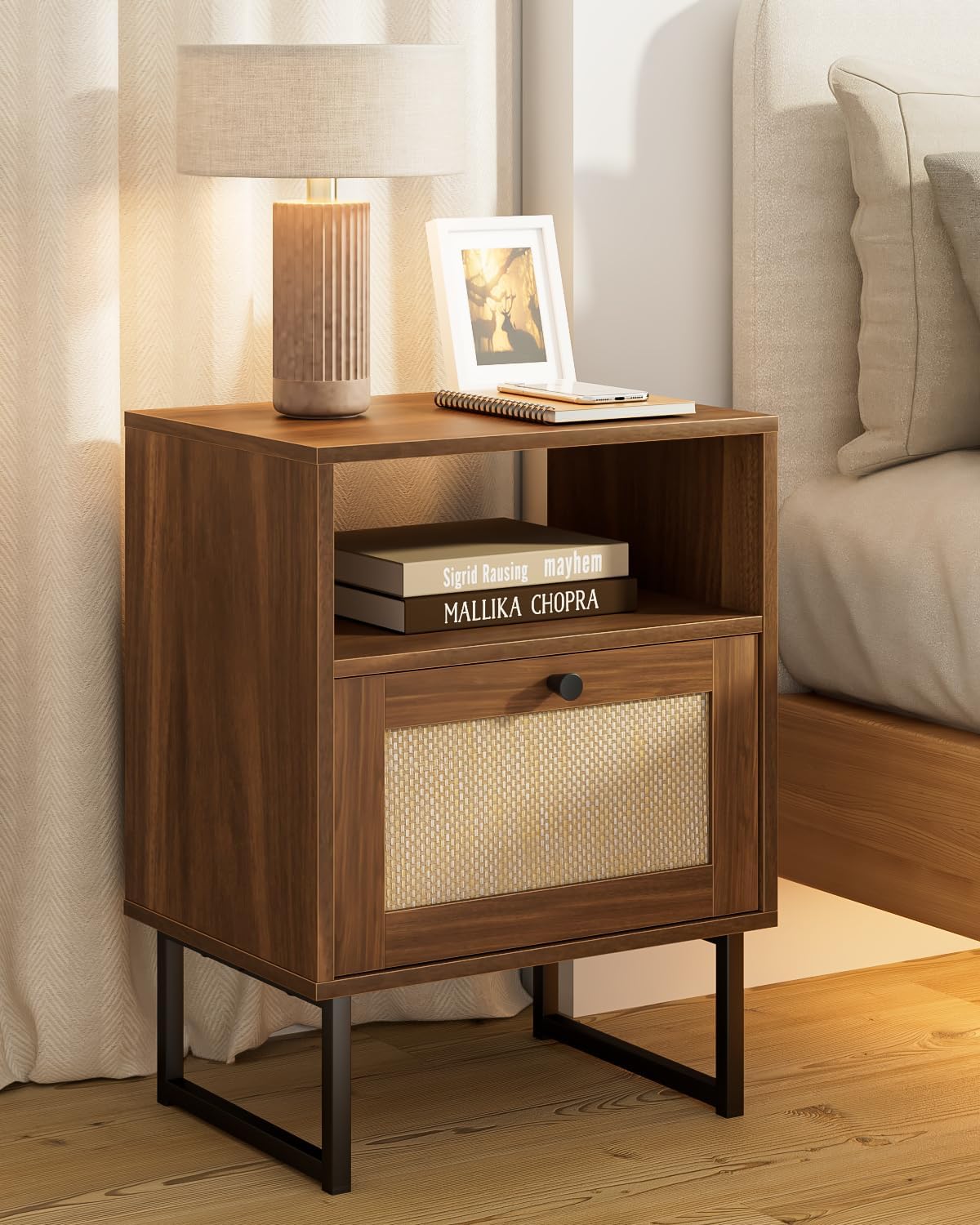 Royal Marwar Solid Mango Wood Bedside Table with Rattan Sliding Door & Open Shelf | Walnut Finish | Modern Nightstand