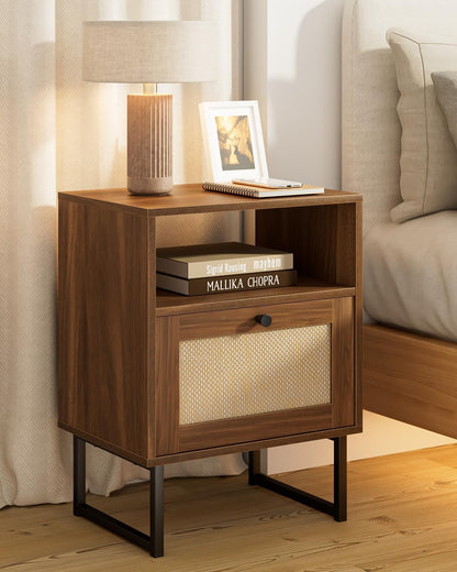 Royal Marwar Solid Mango Wood Bedside Table with Rattan Sliding Door & Open Shelf | Walnut Finish | Modern Nightstand