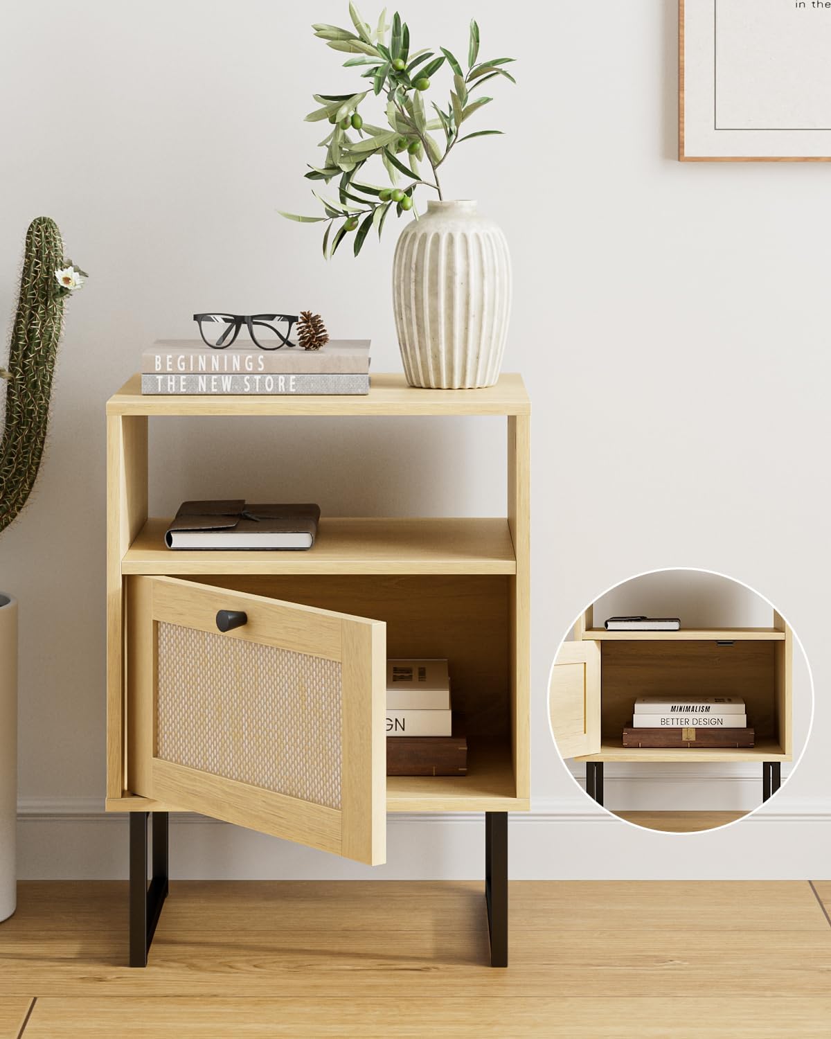 Royal Marwar Solid Mango Wood Bedside Table with Rattan Drawer & Open Shelf | Natural Finish | Modern Nightstand