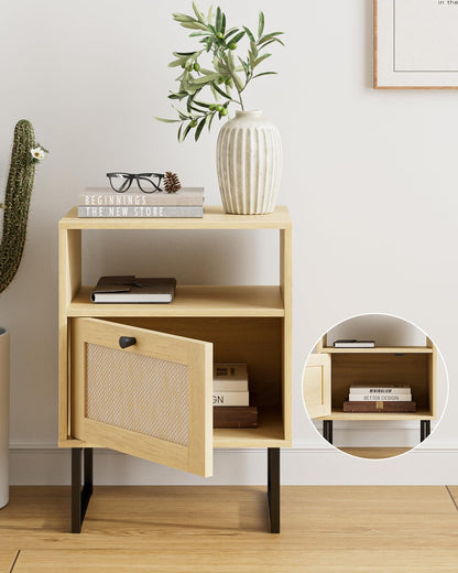Royal Marwar Solid Mango Wood Bedside Table with Rattan Drawer & Open Shelf | Natural Finish | Modern Nightstand