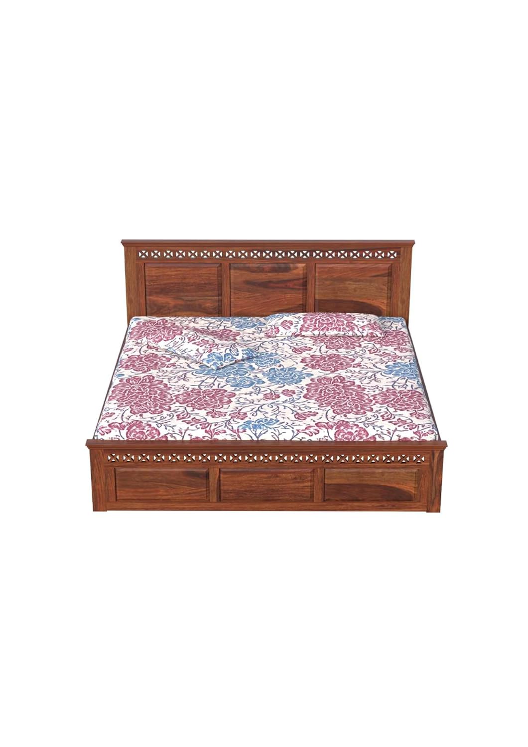 Royal Marwar Solid Sheesham Wood Queen Size Bed | Handcrafted Panel Design | Premium Honey Finish | Wooden Bed Without Storage