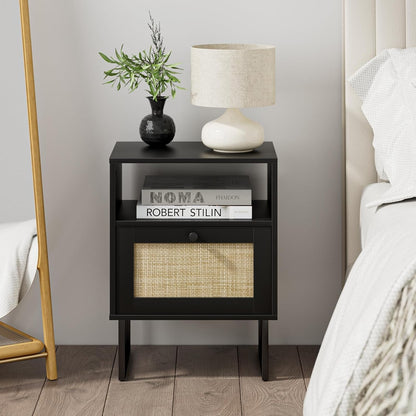 Royal Marwar Solid Mango Wood Bedside Table with Rattan Drawer & Open Shelf | Honey Finish | Modern Nightstand