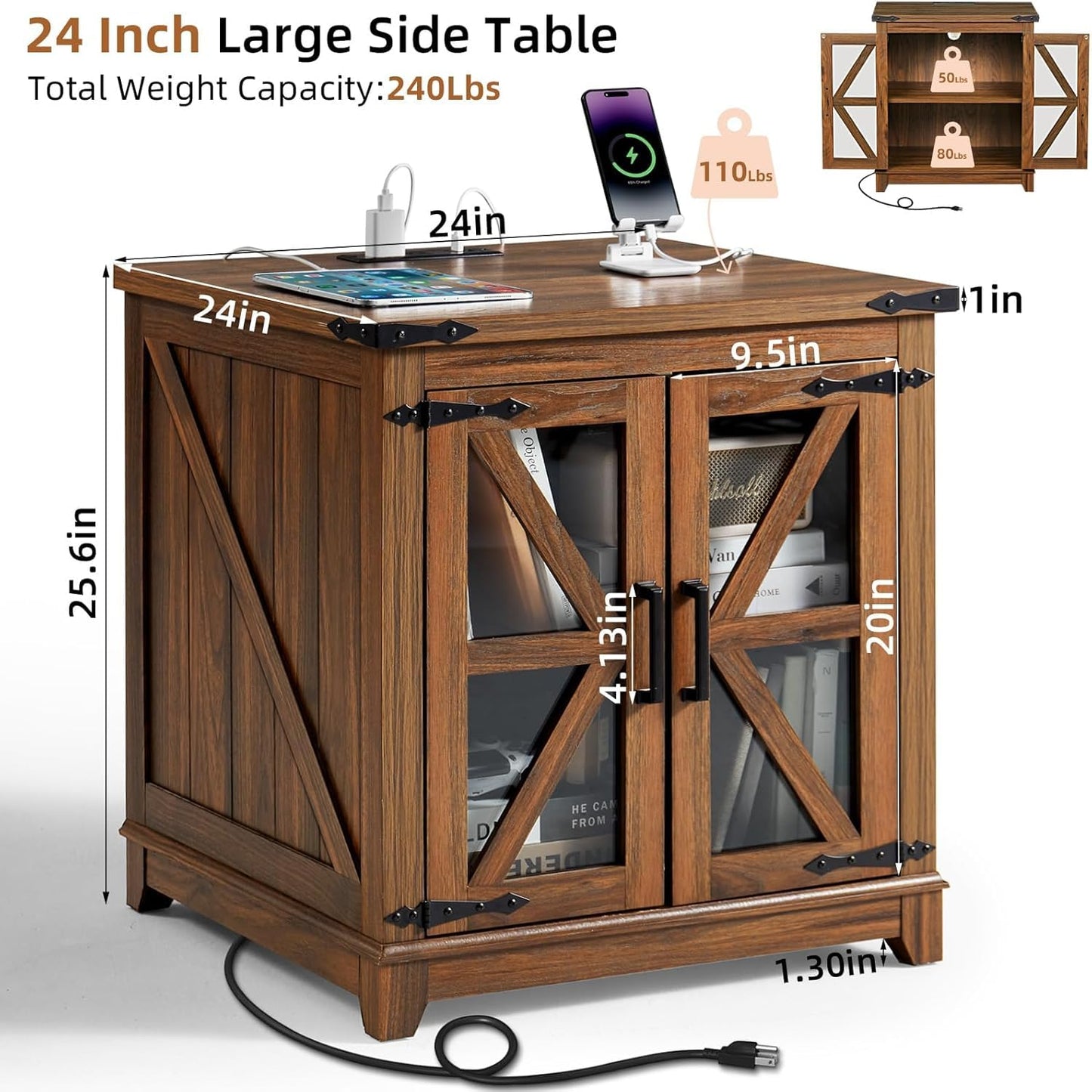 Royal Marwar Solid Mango Wood Side Table | Bedside Table with 2 Glass Door Storage Cabinet | Black Finish
