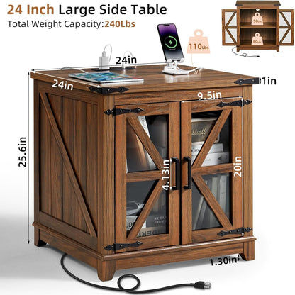 Royal Marwar Solid Mango Wood Side Table | Bedside Table with 2 Glass Door Storage Cabinet | Black Finish