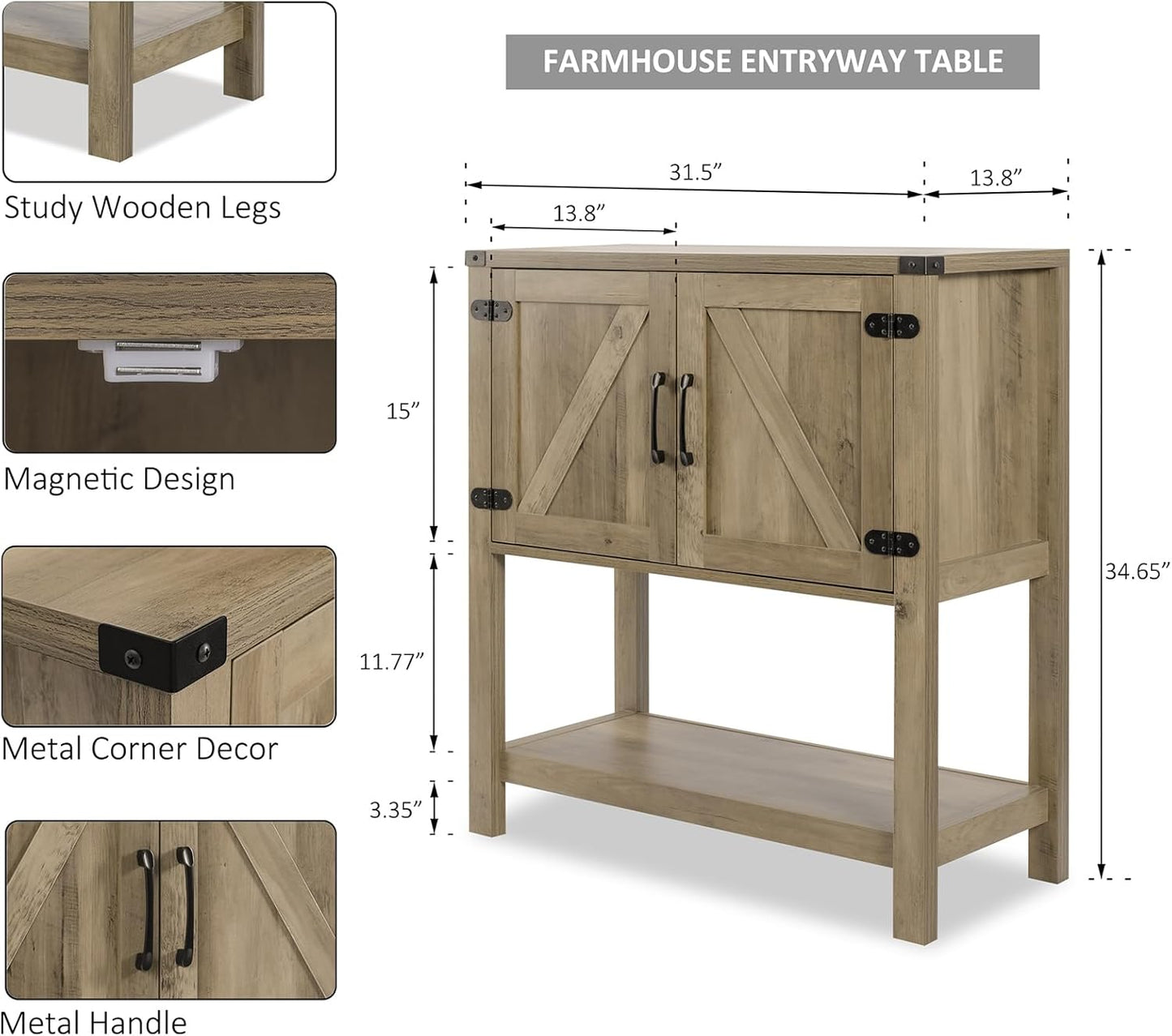Farmhouse entryway table diagram in light oak with black hardware and side profile measurements