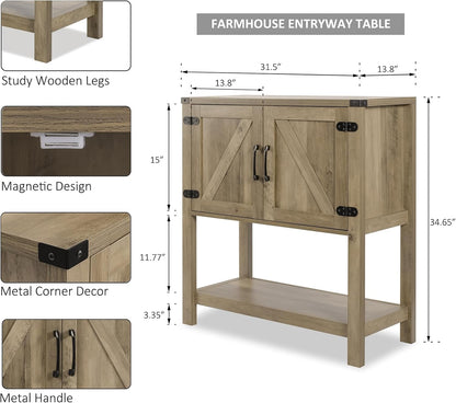 Farmhouse entryway table diagram in light oak with black hardware and side profile measurements