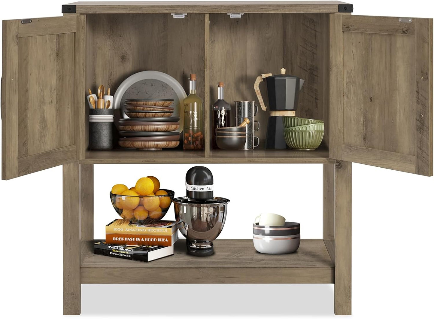 Light oak entryway console table with storage cabinet, open doors, two shelves, black hardware