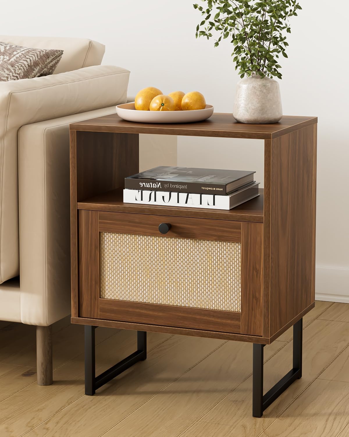 Royal Marwar Solid Mango Wood Bedside Table with Rattan Sliding Door & Open Shelf | Walnut Finish | Modern Nightstand