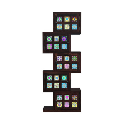 Royal Marwar Solid Sheesham Wood Bookcase | 5 Door Wooden Display Cabinet | Handcrafted Multicolor Tile Storage Shelf | Honey Finish
