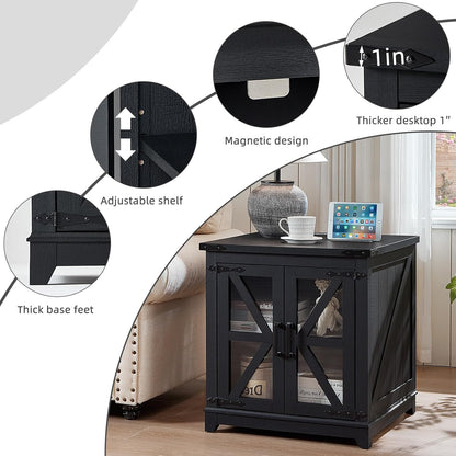 Royal Marwar Solid Mango Wood Side Table | Bedside Table with 2 Glass Door Storage Cabinet | Black Finish