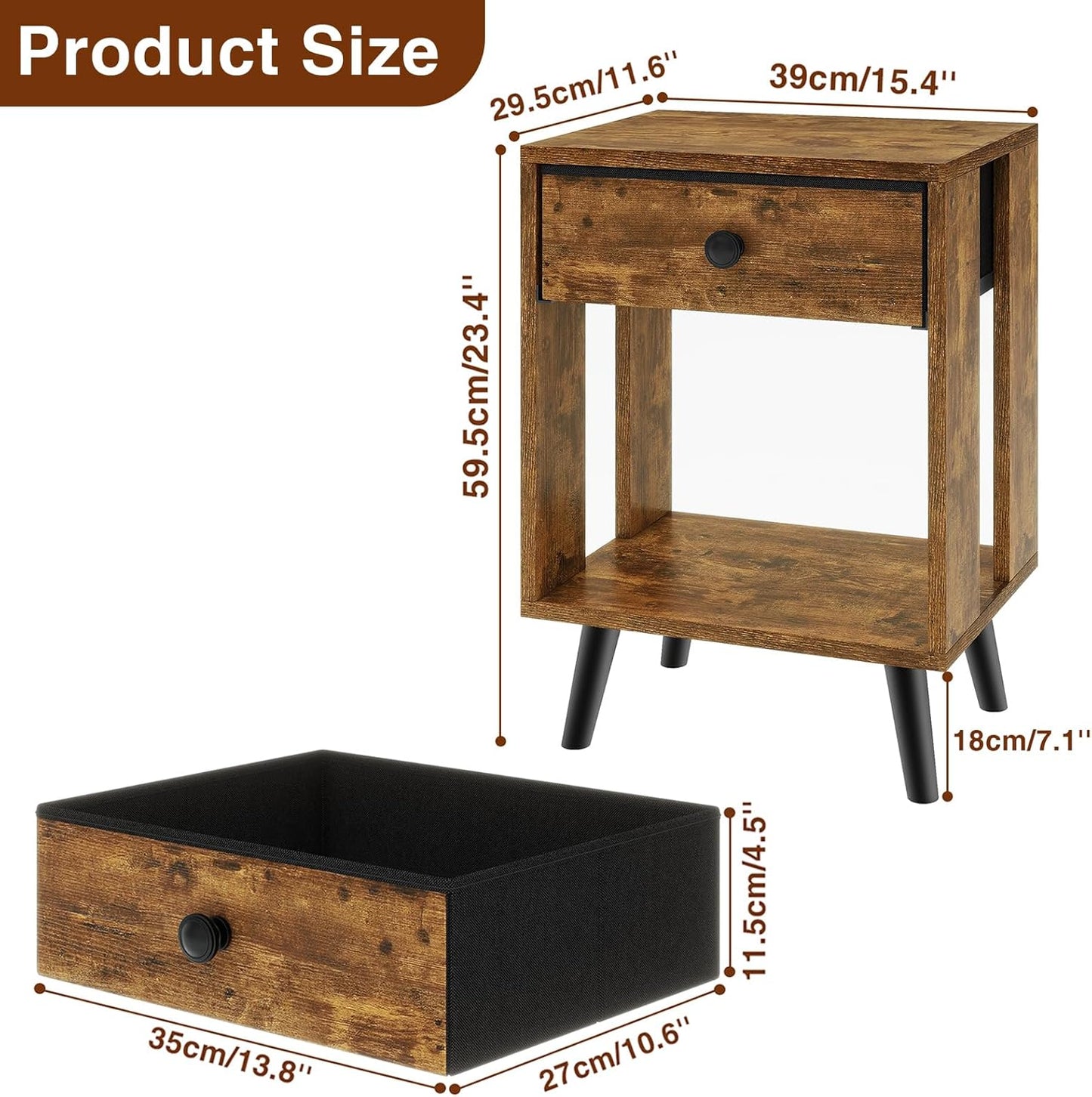 Royal Marwar Solid Mango Wood Bedside Table with Drawer & Open Shelf | Rustic Walnut Finish | Modern Nightstand