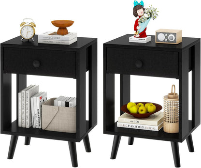 Royal Marwar Solid Mango Wood Bedside Table with Drawer & Open Shelf | Honey Finish | Modern Nightstand