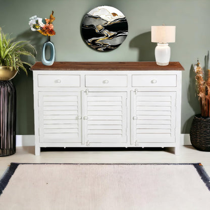 Royal Marwar Solid Mango Wood Sideboard Cabinet with 3 Drawers & 3 Shutter Doors | White & Green Finish | Farmhouse Storage Cabinet