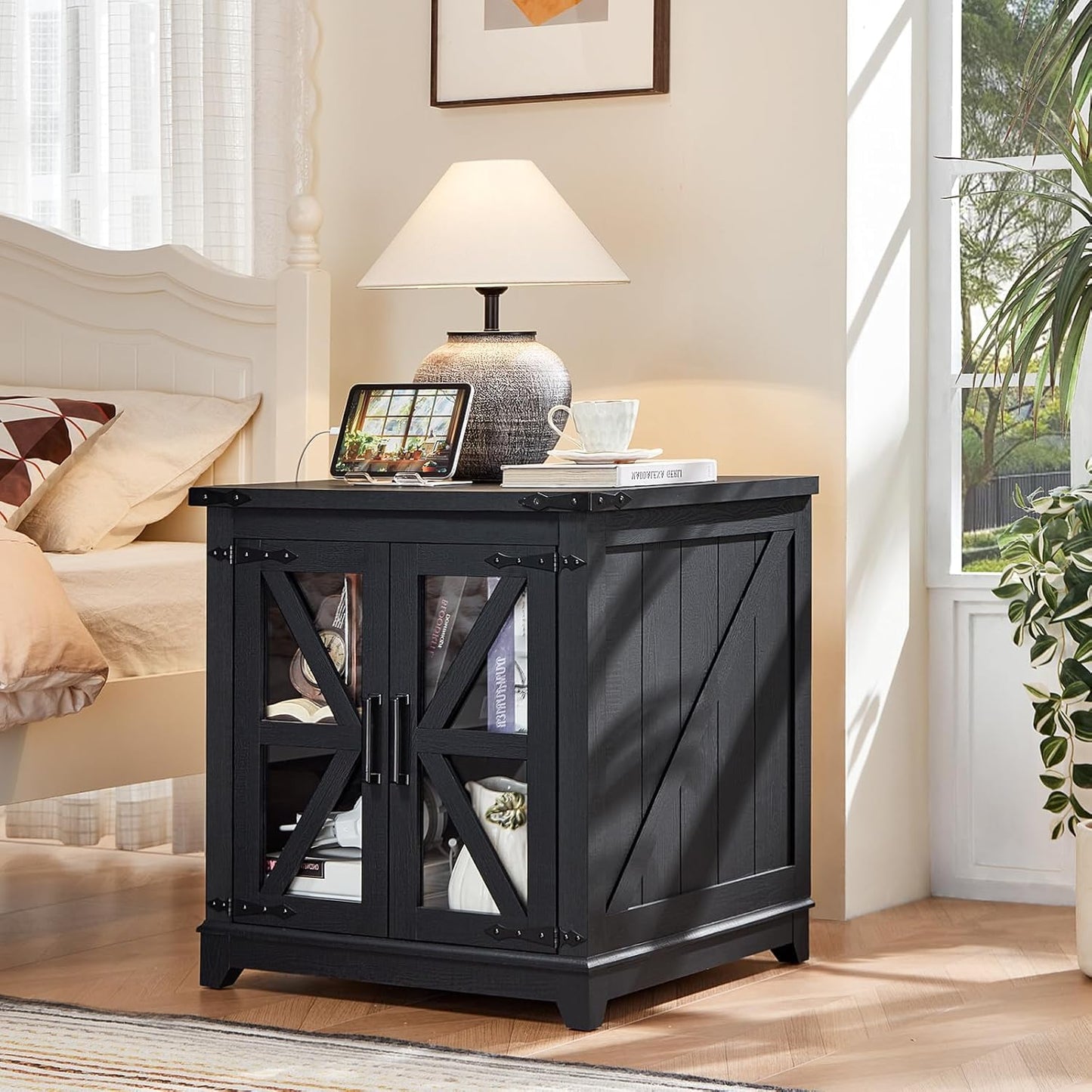Royal Marwar Solid Mango Wood Side Table | Bedside Table with 2 Glass Door Storage Cabinet | Black Finish