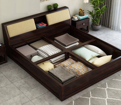 Royal Marwar Solid Sheesham Wood King Size Storage Bed | Upholstered Headboard | Premium Walnut Finish