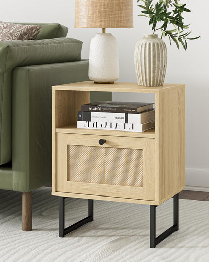 Royal Marwar Solid Mango Wood Bedside Table with Rattan Drawer & Open Shelf | Natural Finish | Modern Nightstand