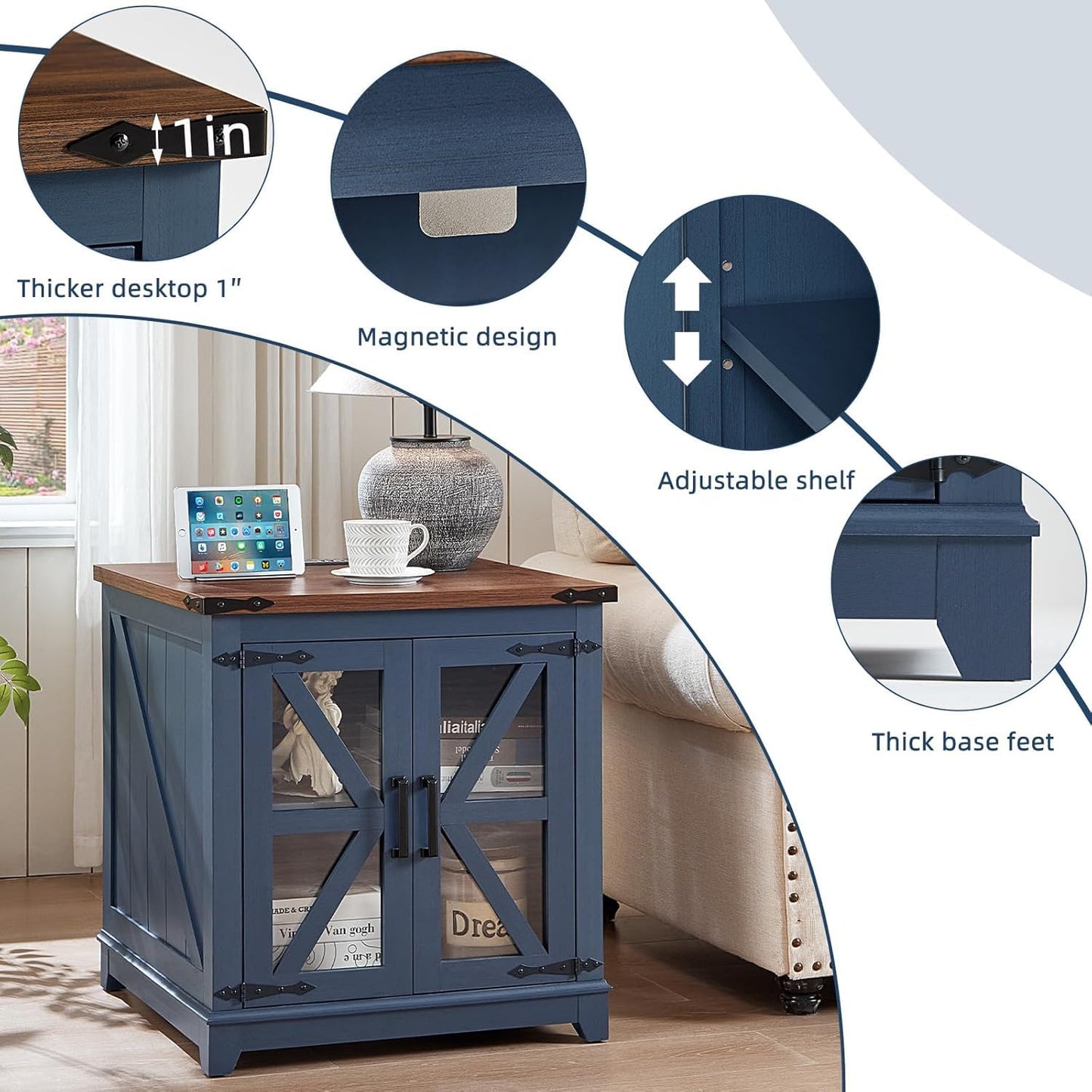 Royal Marwar Solid Mango Wood Side Table | Bedside Table with 2 Glass Door Storage Cabinet | Black Finish