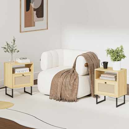 Royal Marwar Solid Mango Wood Bedside Table with Rattan Drawer & Open Shelf | Natural Finish | Modern Nightstand