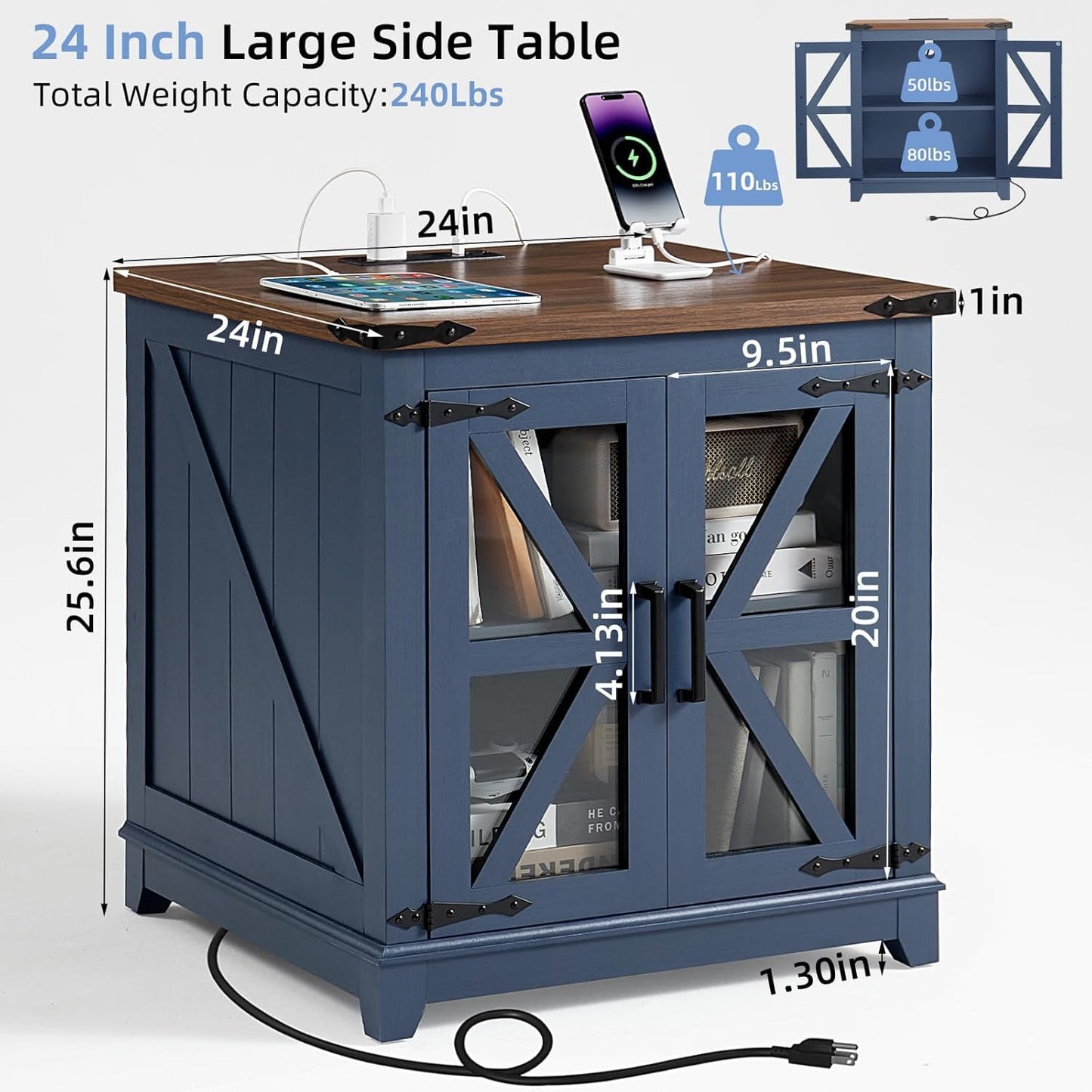 Royal Marwar Solid Mango Wood Side Table | Bedside Table with 2 Glass Door Storage Cabinet | Black Finish