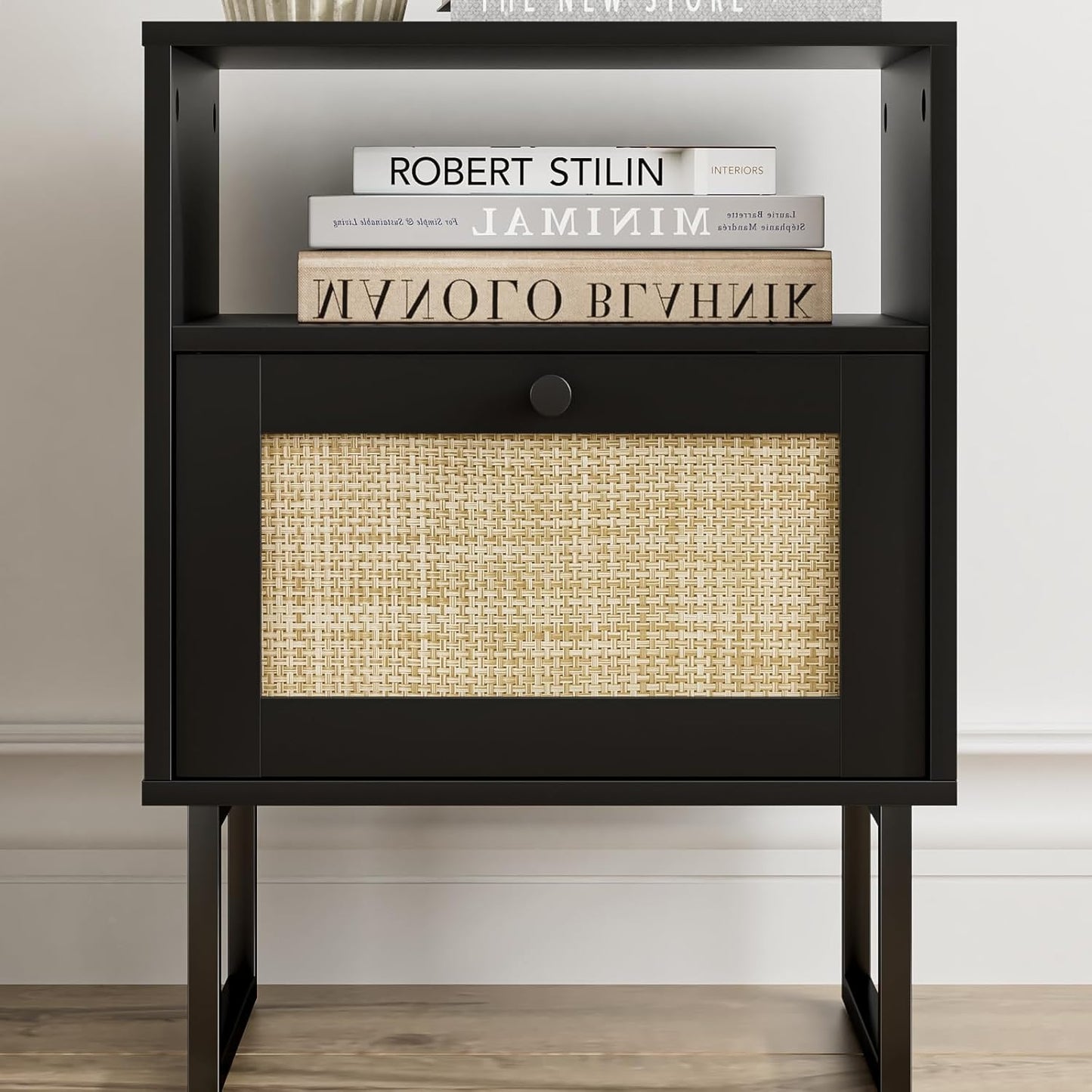 Royal Marwar Solid Mango Wood Bedside Table with Rattan Drawer & Open Shelf | Honey Finish | Modern Nightstand