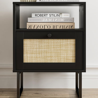 Royal Marwar Solid Mango Wood Bedside Table with Rattan Drawer & Open Shelf | Honey Finish | Modern Nightstand