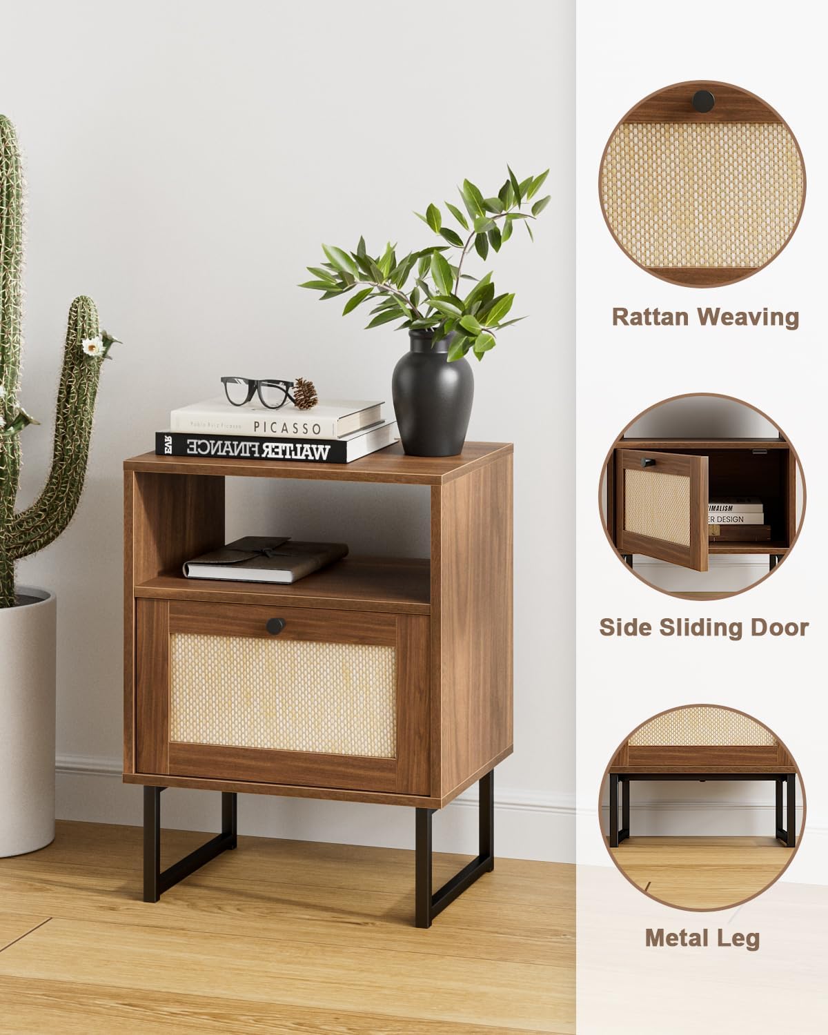 Royal Marwar Solid Mango Wood Bedside Table with Rattan Sliding Door & Open Shelf | Walnut Finish | Modern Nightstand