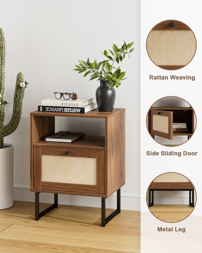 Royal Marwar Solid Mango Wood Bedside Table with Rattan Sliding Door & Open Shelf | Walnut Finish | Modern Nightstand