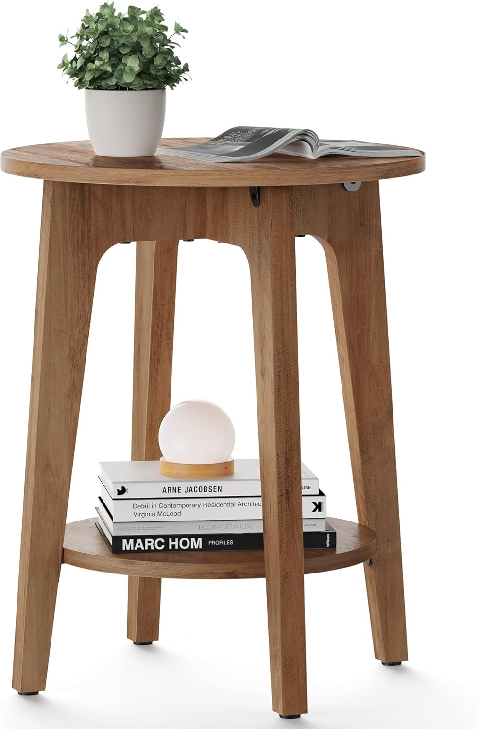 Royal Marwar Solid Mango Wood Round Side Table | Modern End Table with Storage Shelf | Honey Finish | Bedside Table