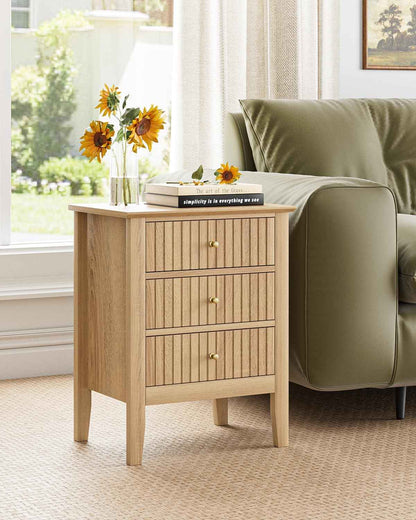Royal Marwar Solid Mango Wood 3 Drawer Bedside Table | Honey Finish | Modern Nightstand for Bedroom