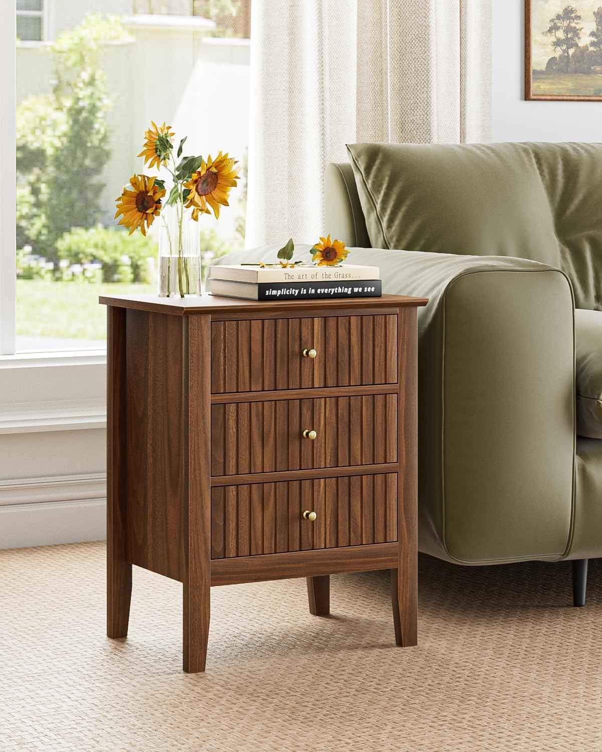 Royal Marwar Solid Mango Wood 3 Drawer Bedside Table | Honey Finish | Modern Nightstand for Bedroom