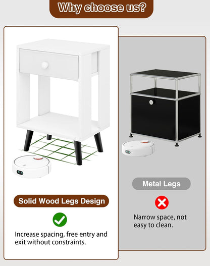 Royal Marwar Solid Mango Wood Bedside Table with Drawer & Open Shelf | White Finish | Modern Wooden Nightstand