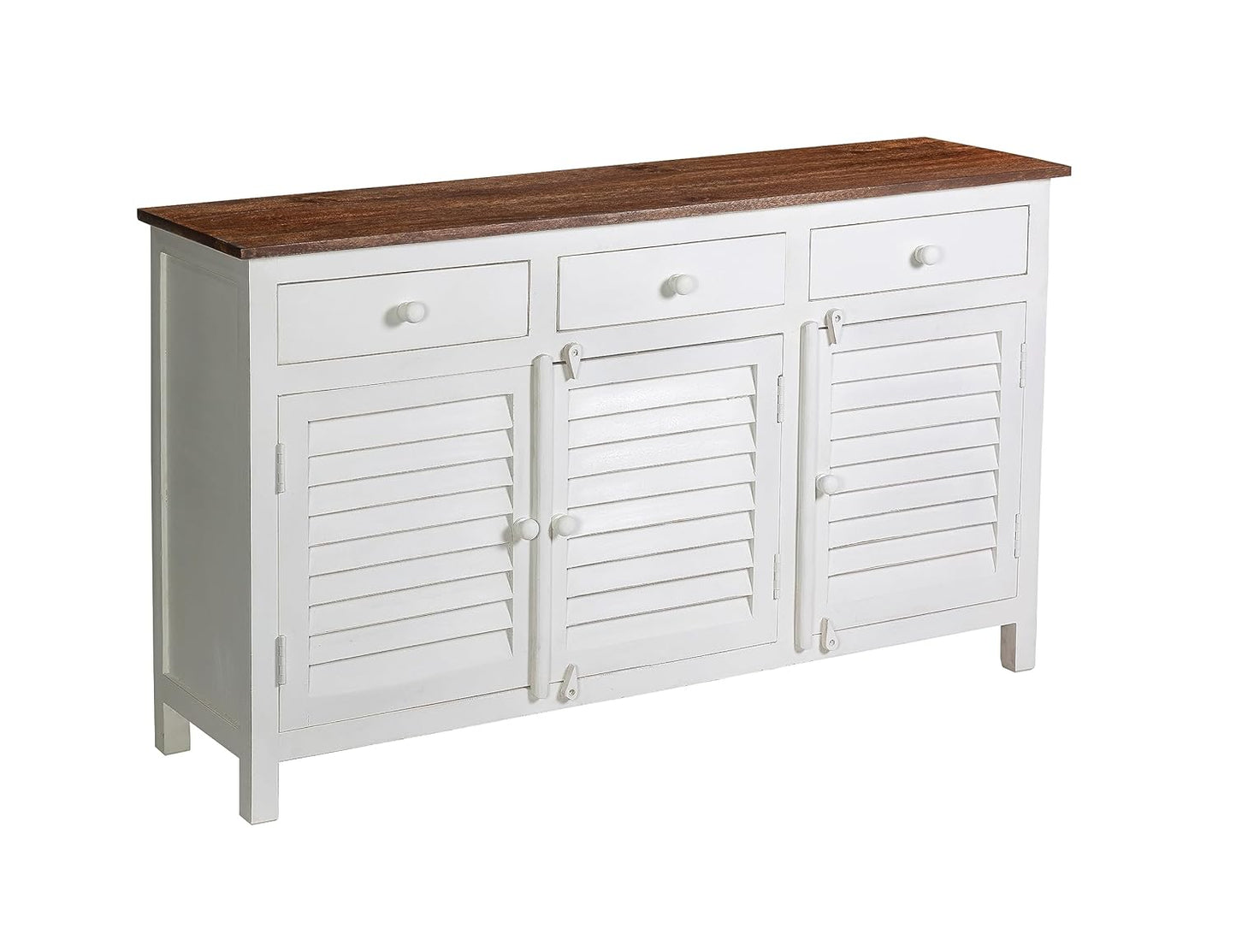 Royal Marwar Solid Mango Wood Sideboard Cabinet with 3 Drawers & 3 Shutter Doors | White & Green Finish | Farmhouse Storage Cabinet