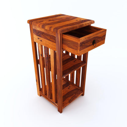 Royal Marwar Solid Sheesham Wood Side Table with Drawer & Open Shelf | End Table | Honey Finish & Walnut Finish