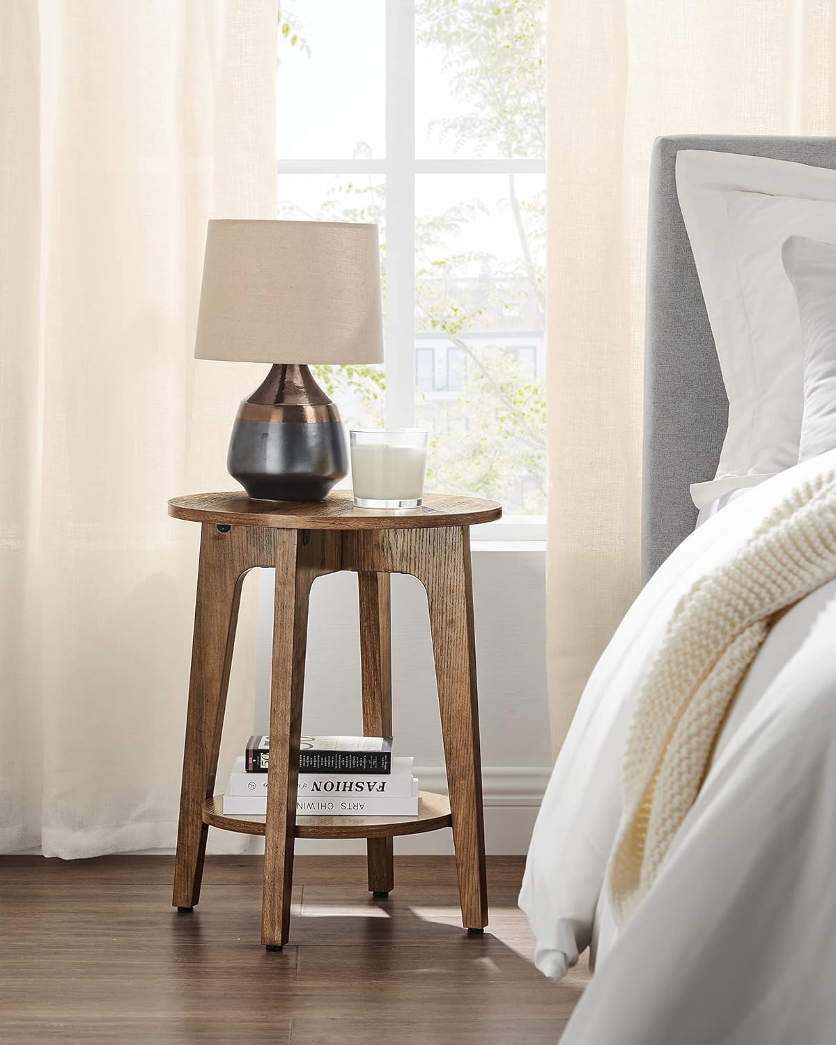 Royal Marwar Solid Mango Wood Round Side Table | Modern End Table with Storage Shelf | Honey Finish | Bedside Table